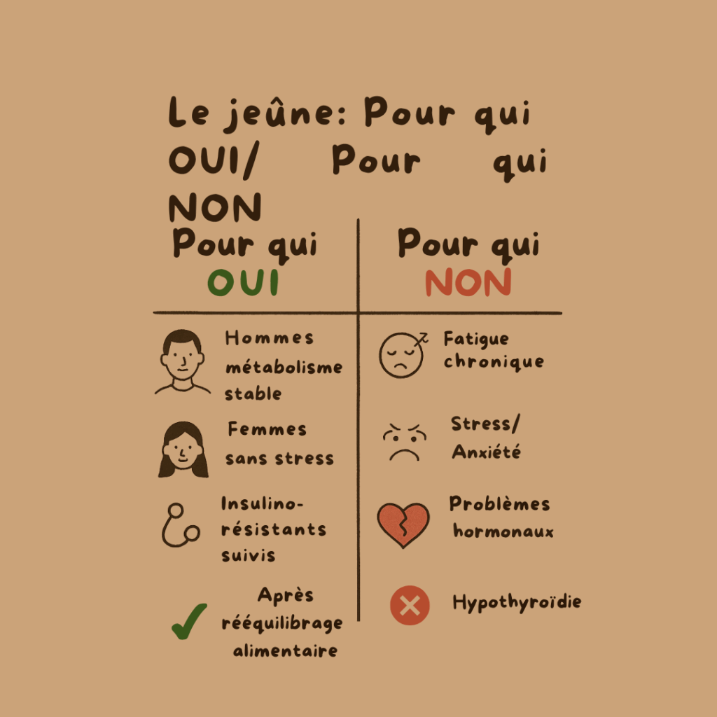 Tableau comparatif : pour qui le jeûne intermittent est adapté ou déconseillé