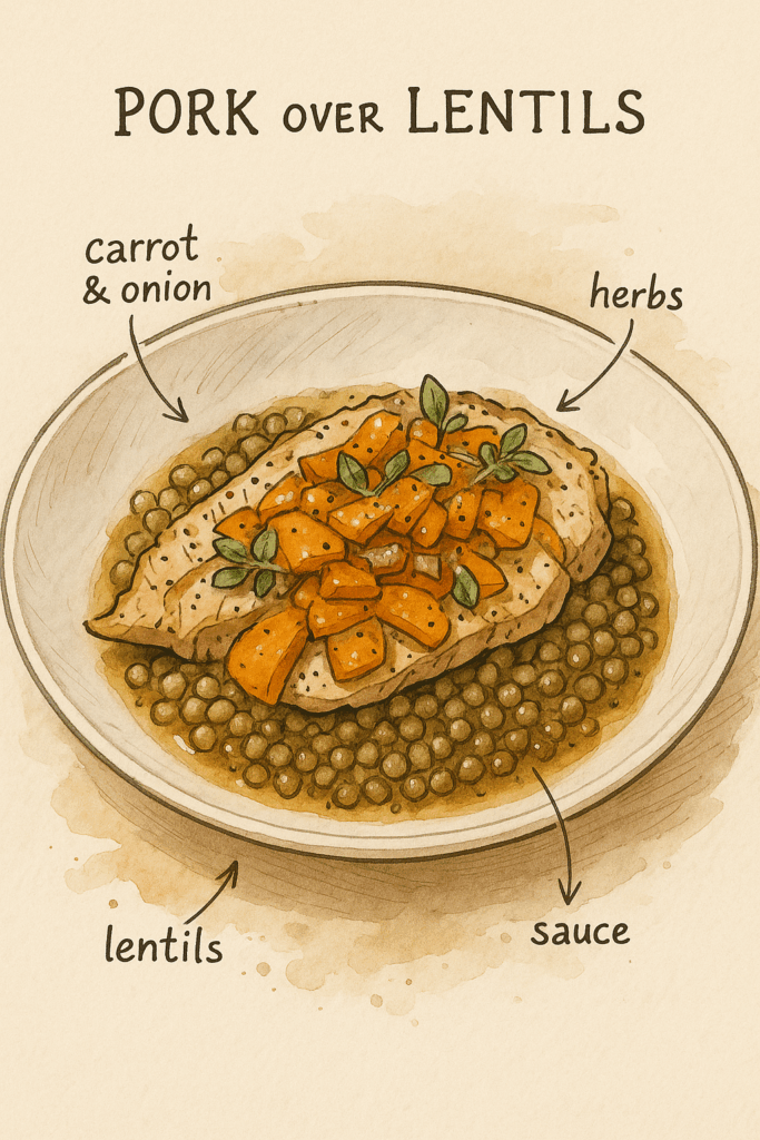 roti porc lentilles