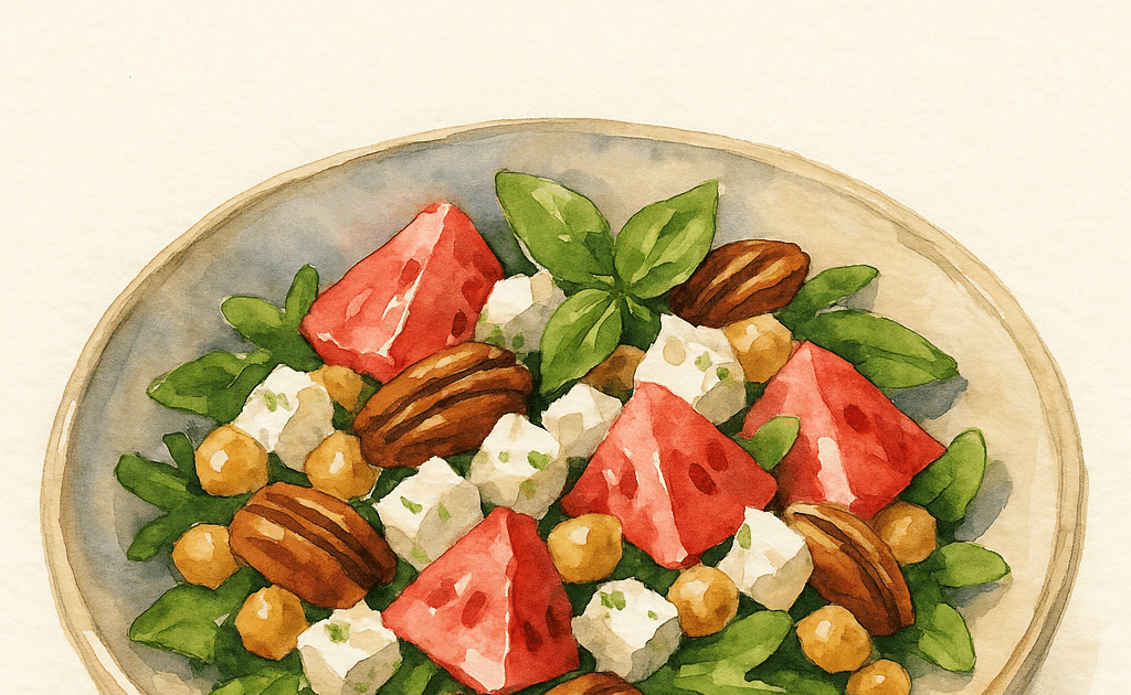 Salade composée pastèque feta basilic noix et pois chiches