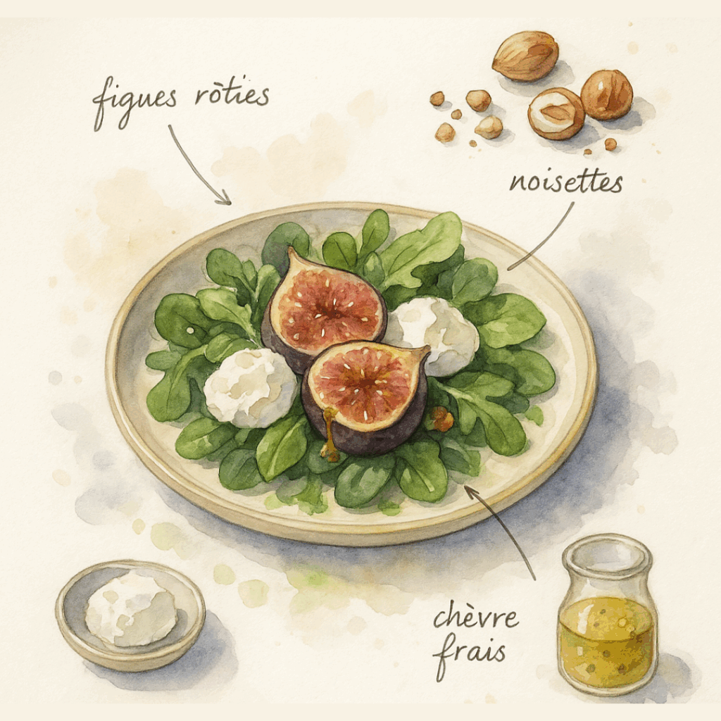 salade jeunes pousses chèvre frais figues rôties et noisettes
