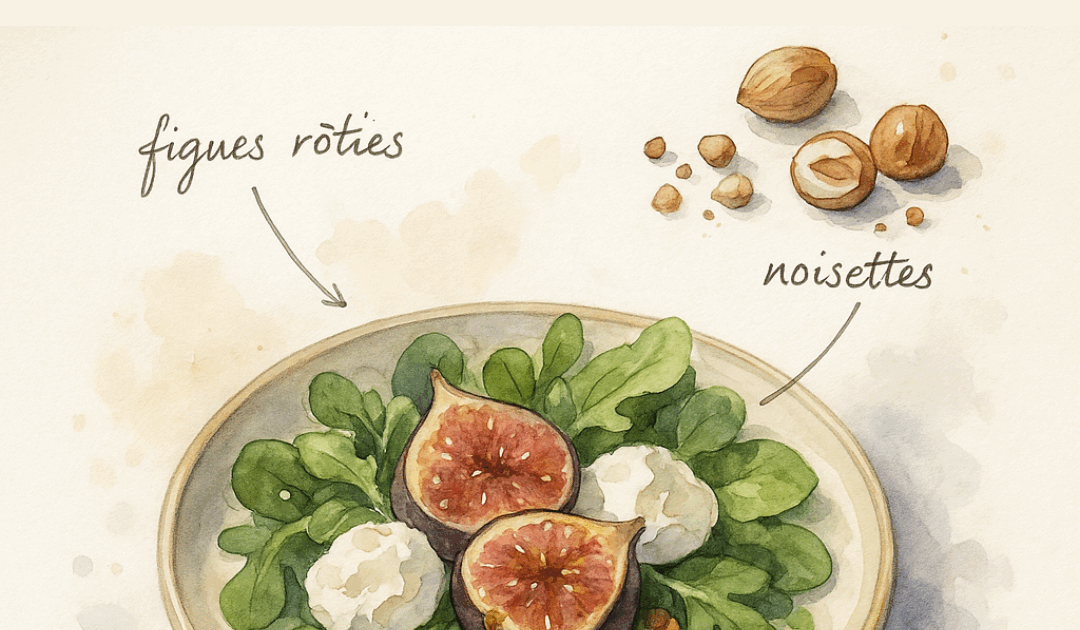 salade jeunes pousses chèvre frais figues rôties et noisettes