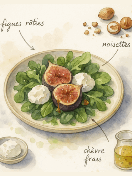 salade jeunes pousses chèvre frais figues rôties et noisettes