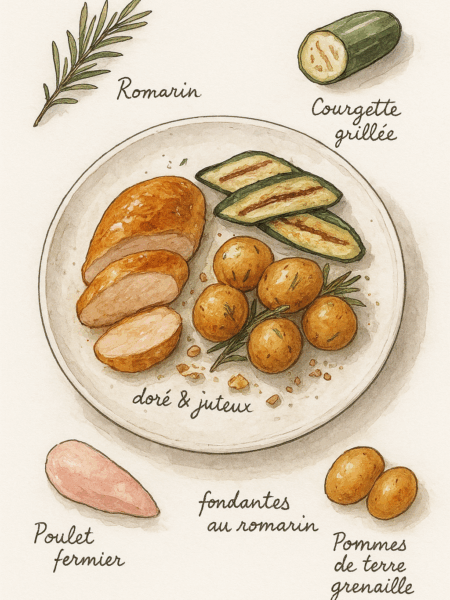 filet de poulet fermier rôti courgette pomme grenaille