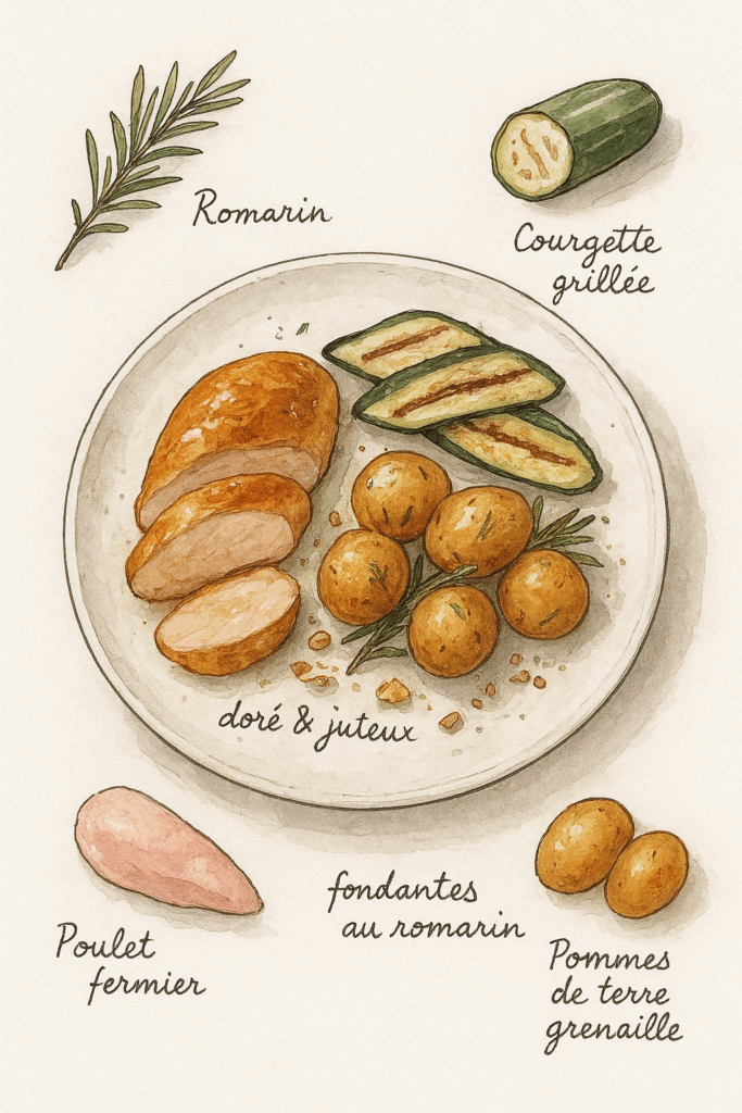 filet de poulet fermier rôti courgette pomme grenaille