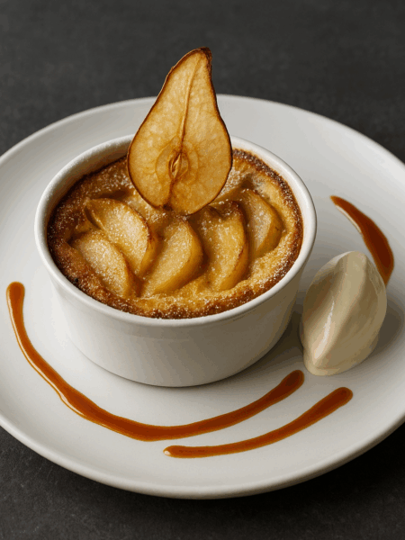 Clafoutis bistronomique aux poires caramélisées, décoré d’une chips de poire et d’un filet de caramel