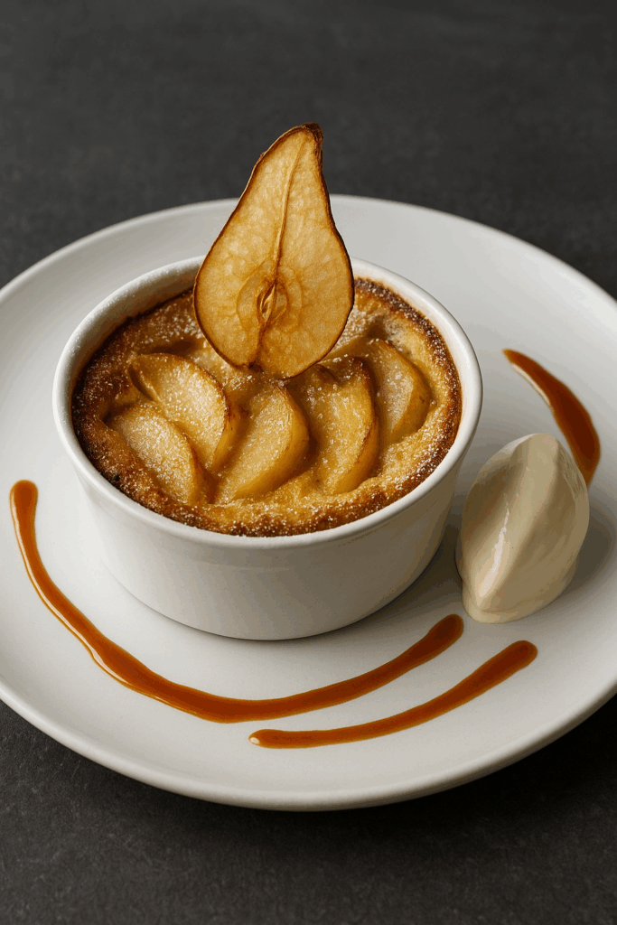 Clafoutis bistronomique aux poires caramélisées, décoré d’une chips de poire et d’un filet de caramel