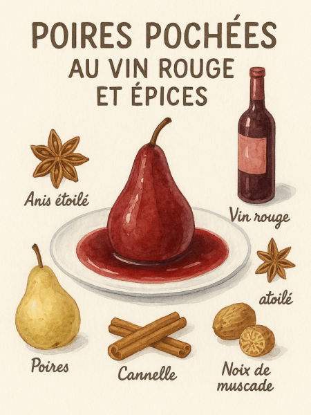 Poires pochées au vin rouge et épices