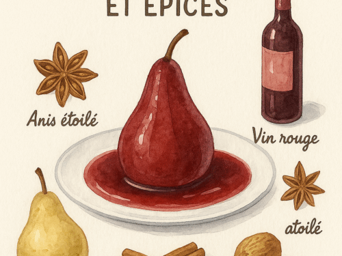 Poires pochées au vin rouge et épices