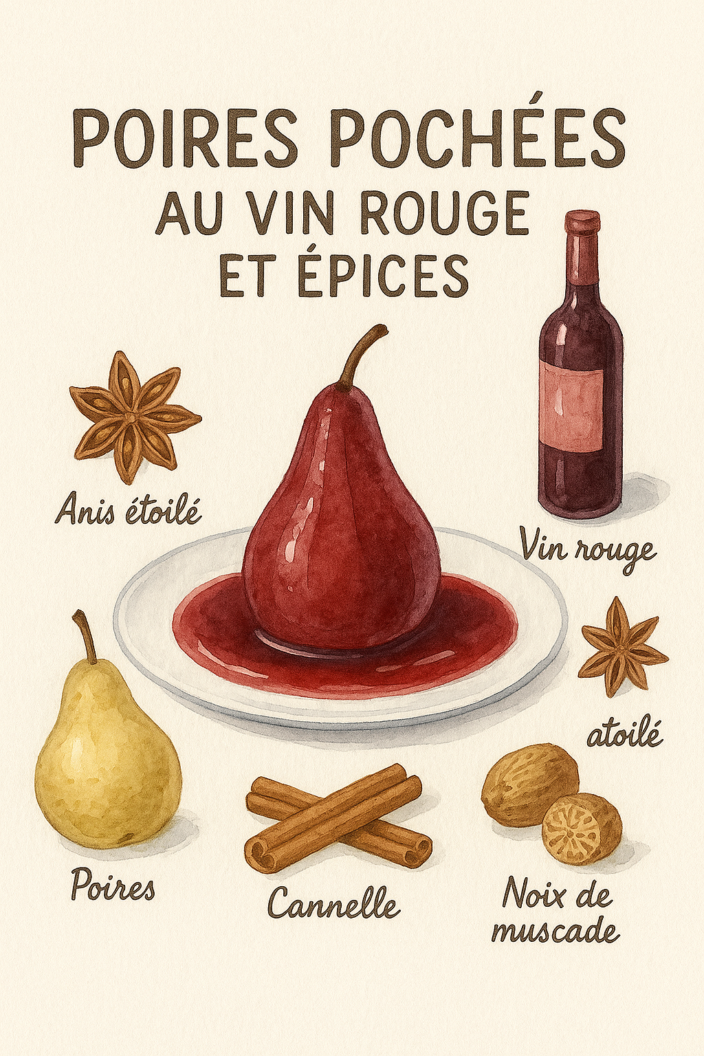 Poires pochées au vin rouge et épices