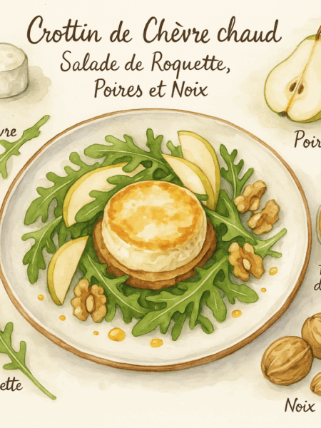 crottin de chèvre chaud, salade de roquette, poires et noix