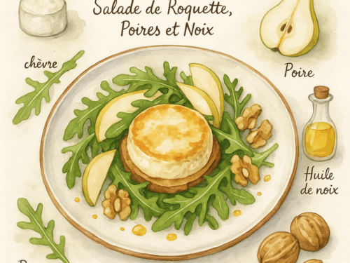 crottin de chèvre chaud, salade de roquette, poires et noix