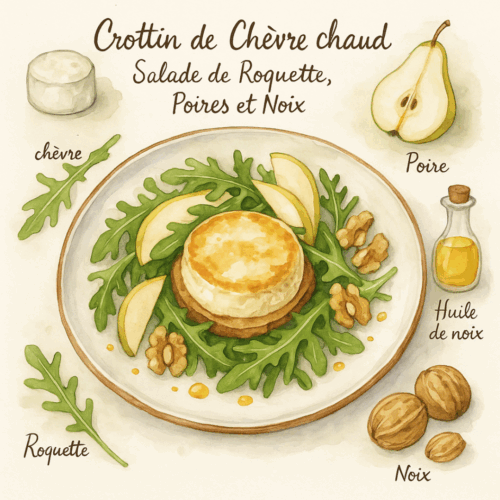crottin de chèvre chaud, salade de roquette, poires et noix
