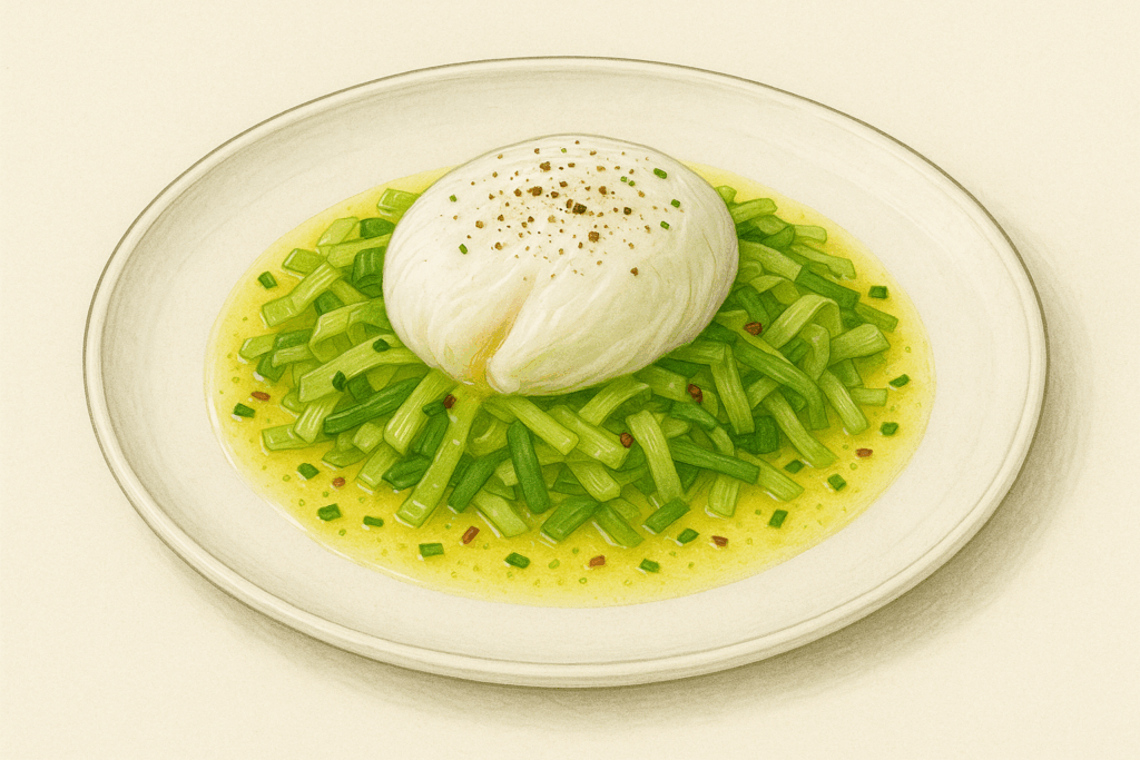 Œuf poché sur lit de poireaux vinaigrette