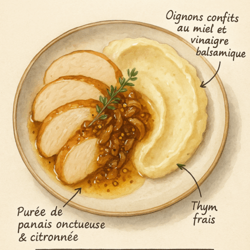 filet de dinde rôti aux oignons confits