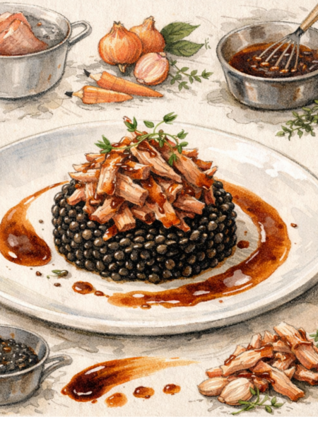 Jarret de porc demi-sel confit aux lentilles beluga